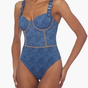 WEWOREWHAT Buckle Strap Corset One Piece in Dark Wash Denim